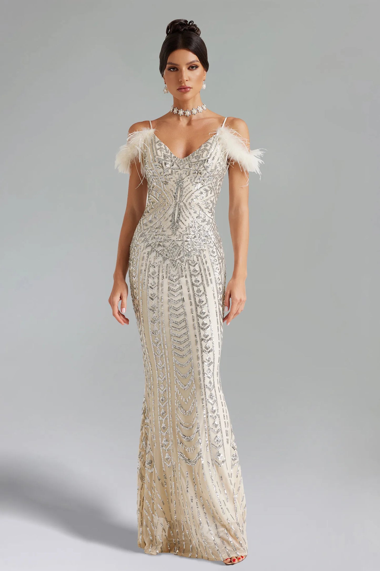 Abito a sirena con paillettes argento Trese