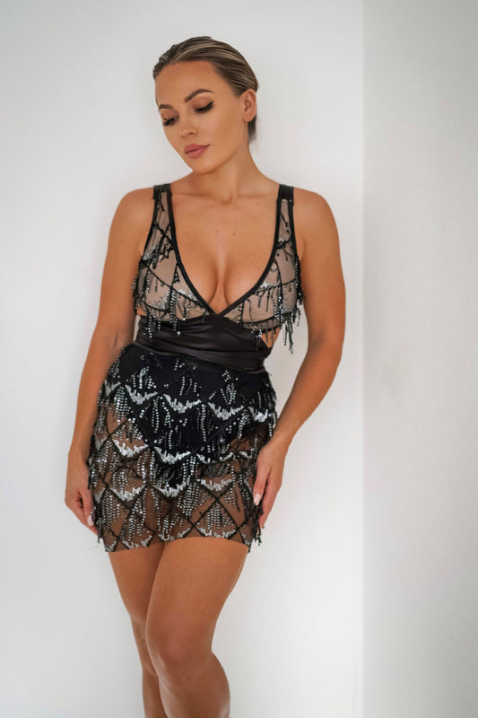 Miniabito con paillettes e nappe e frange - Nero