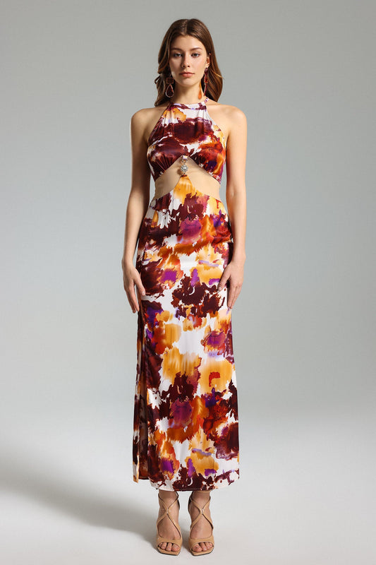 Abito con spacco all'americana in rete con stampa floreale Johe