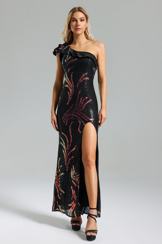 Abito con spacco monospalla in paillettes Nlia