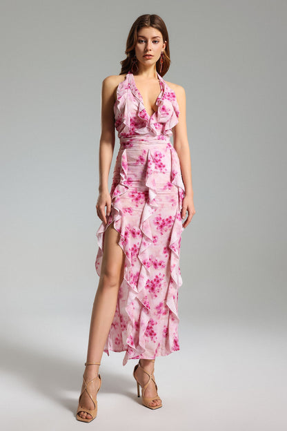 Abito con scollo all'americana Yamia floreale arricciato