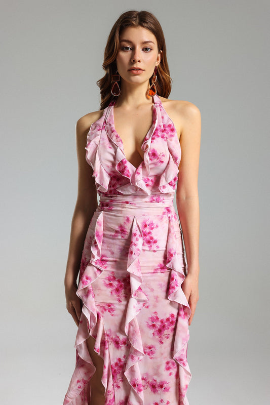 Abito con scollo all'americana Yamia floreale arricciato