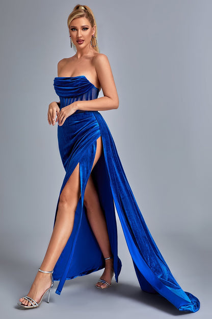Lamva Maxi abito con spacco in velluto a corsetto - Blu