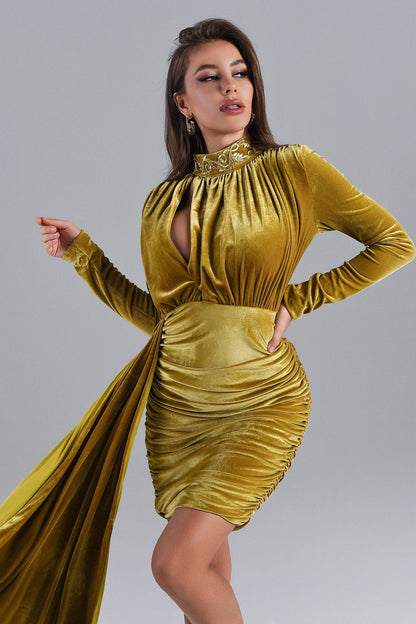 Brinley Abito drappeggiato in velluto blu - Oro