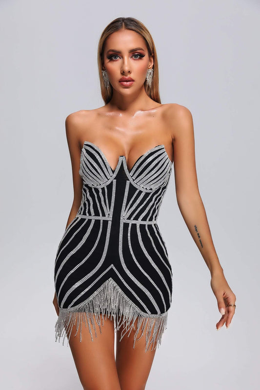 Lola Mini abito con nappe di strass - nero
